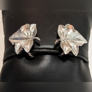 Vintage TRIFARI Brushed Silver Tone Leaf Shaped Clip On Earrings Signed